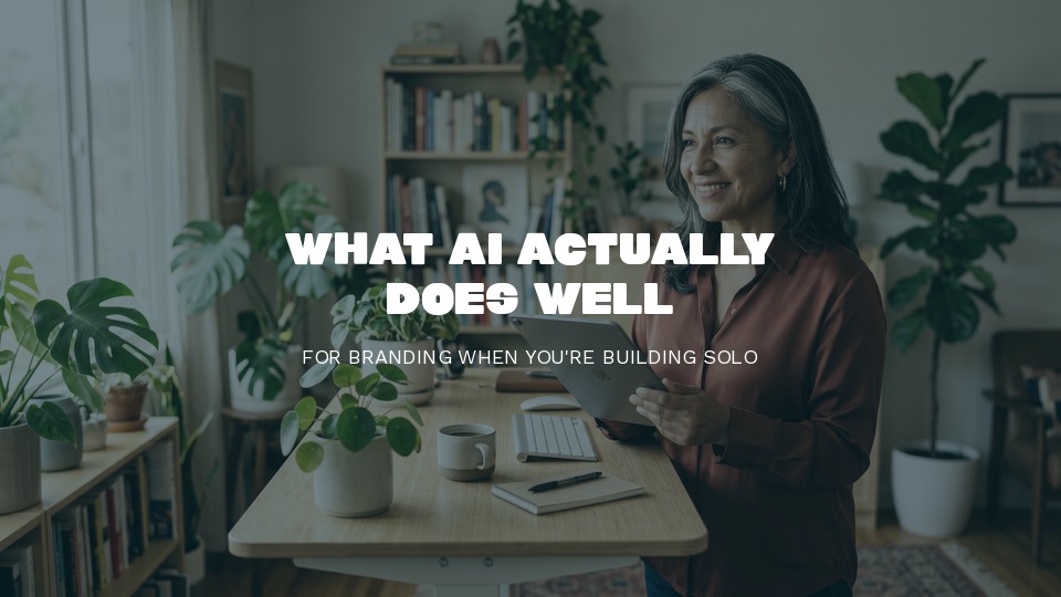 Latina woman working at a standing desk with tablet, exploring what AI does well for branding and marketing