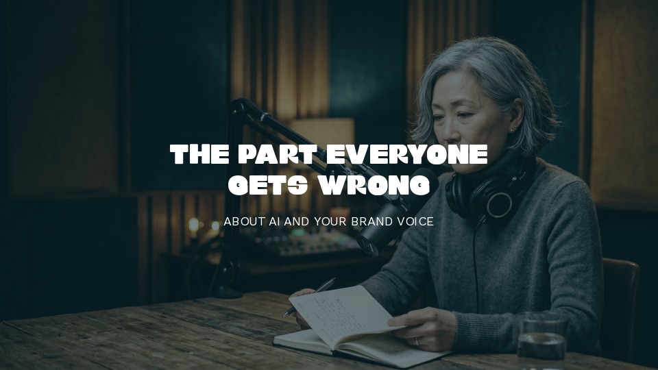 East Asian woman in podcast studio thinking about brand voice and what AI gets wrong