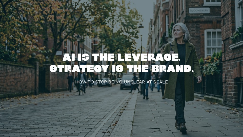 Confident woman walking through an autumn street, representing strategy as the foundation of brand with AI as leverage
