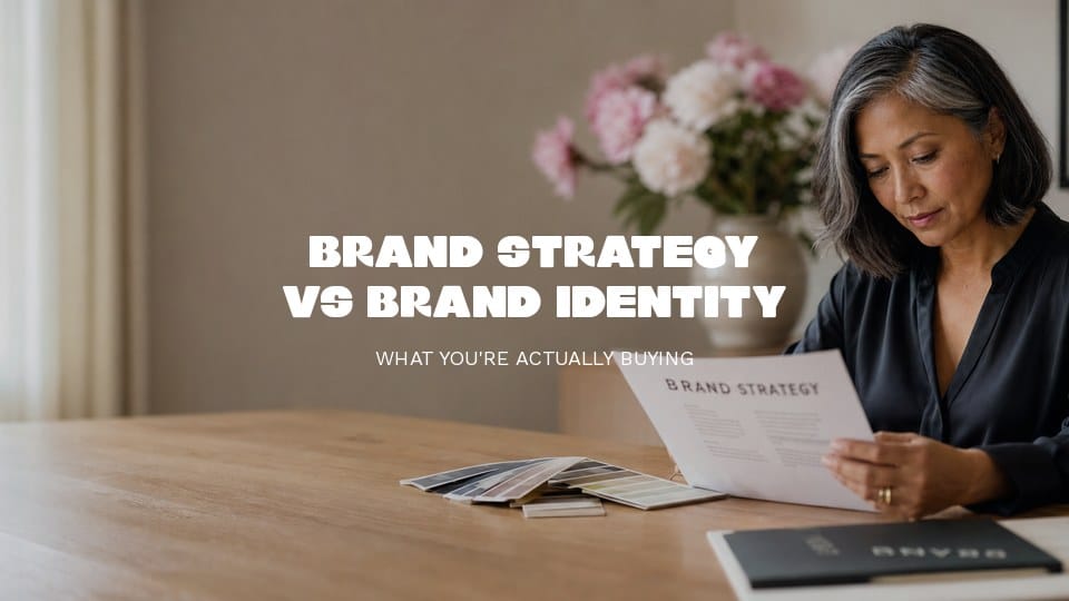 Former executive woman in her late 40s reviewing a brand strategy document at a clean modern desk, swatches and a printed brand book in soft focus next to her, warm editorial daylight