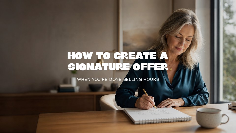 Former executive woman 50, writing a signature offer framework on a notepad at a modern home office desk, deep teal silk blouse, warm daylight, editorial documentary style
